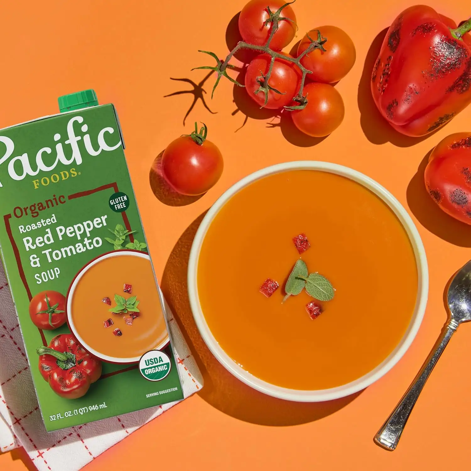 32oz. Pacific Foods Organic Soup: Roasted Red Pepper & Tomato, Tomato Basil