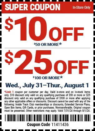 Harbor Freight In-Store Savings Coupons: Qualifying Purchase: $10 Off $50+ or