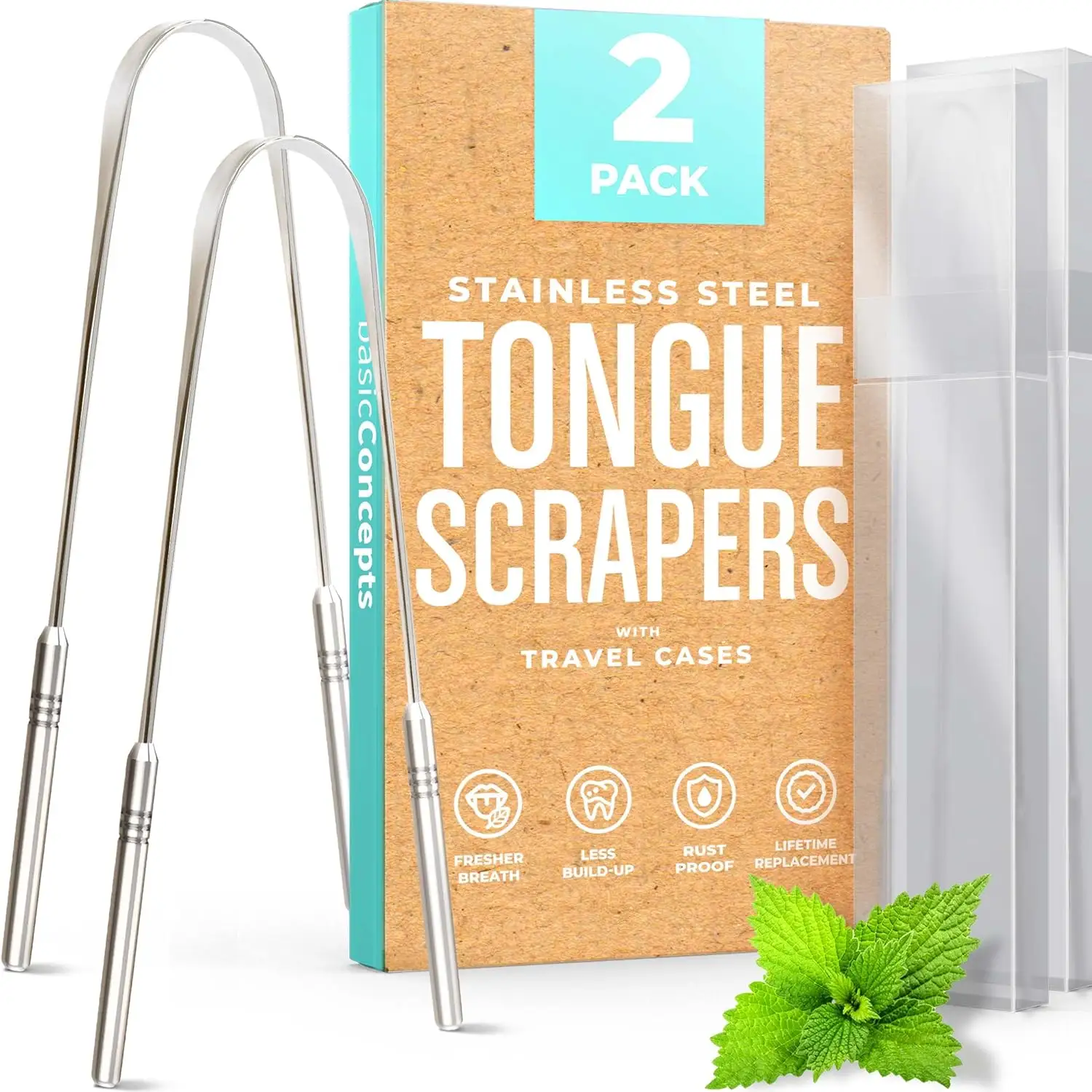 2-Pack Basic Concepts Tongue Scraper for Adults (Stainless Steel)