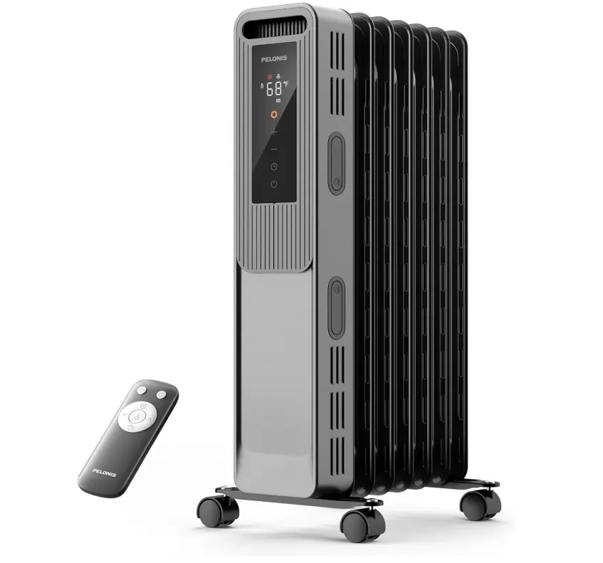 PELONIS Oil Filled Radiator, Electric Space Heater for Indoor Use Large Room with Thermostat & Remote, 3 Modes & 3 Heat Settings, ECO Mode, 24H Timer, Quiet, Overheat & Tip-Over Protection, 1500W