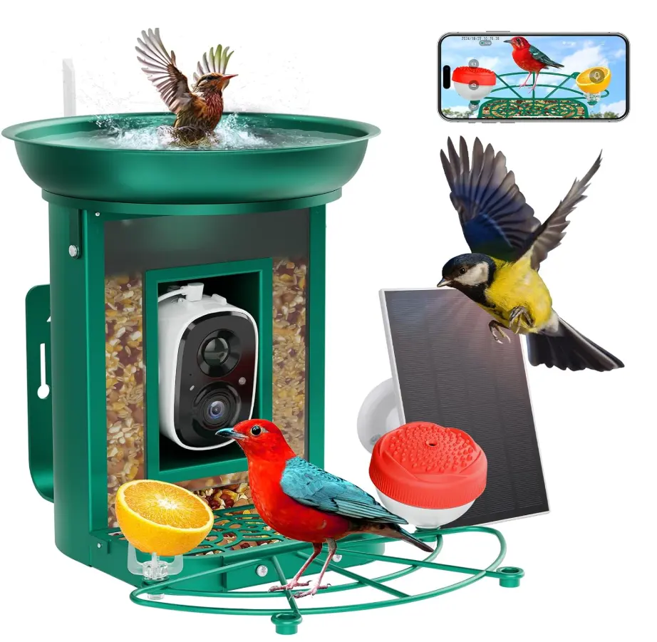 Bird Feeder Camera with Bathtub, 3-in-1 Feeding, Drinking, and Bathing for Birds | AI Bird Identify, Real-Time Monitoring and Alerts | IP65 and Anti-Squirrel Design for Outdoors, Gift for Bird Lovers