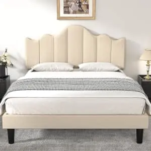 Vecelo Upholstered Platform Queen Bed Frame w/ Adjustable Headboard