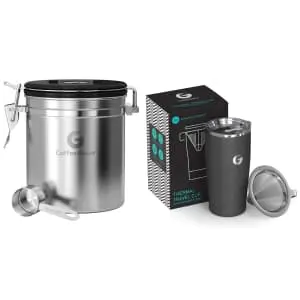 Coffee Gator Stainless Steel Canister and Mug Set