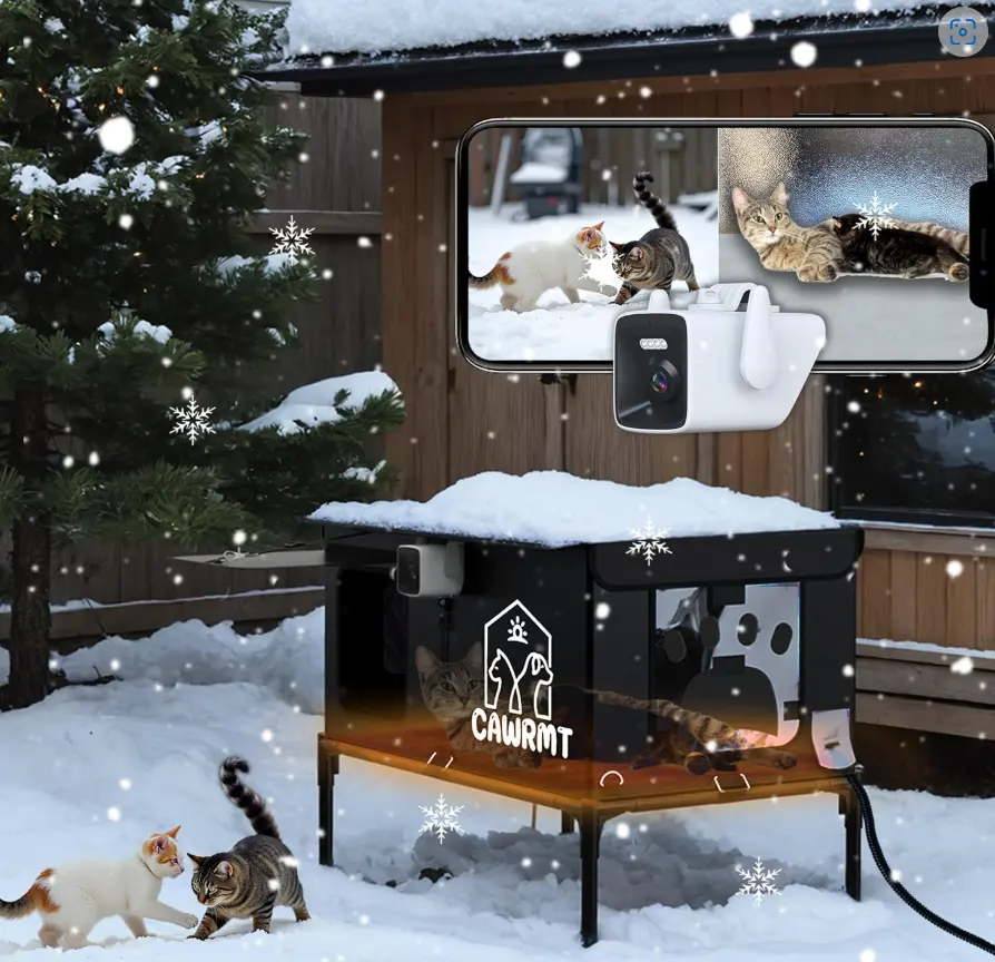 Outdoor Heated Cat House with Camera, Insulated Cozy Shelter for Cats, Weatherproof & Durable Design, Remote Monitoring via Smartphone, Ideal for Winter & Outdoor Use (Black, M)