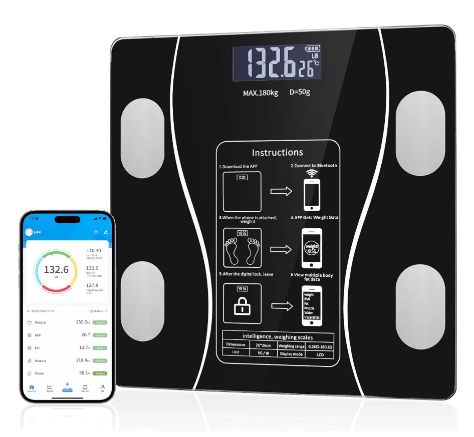 Smart Body Fat Scale with Led Display - Digital Bathroom Scale with Bluetooth, Accurate Body Composition Measurement, Muscle Mass, BMI, and Body Water Analysis (Black)