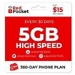 360-Day Red Pocket Prepaid Plan: Unlimited Talk & Text + 5GB High Speed / Mon