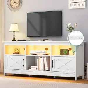 59" Farmhouse LED Light TV Stand with Power Outlet and Cabinets