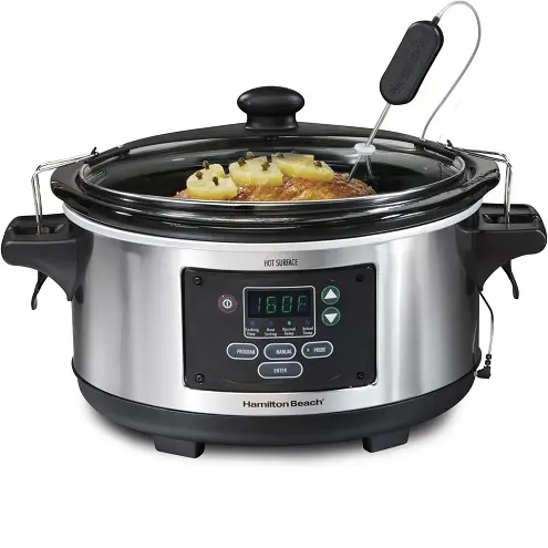 Hamilton Beach Portable 6 Quart Set & Forget Digital Programmable Slow Cooker Lock, Dishwasher Safe Crock & Lid, Temperature Probe, Stainless Steel, only $59.99, free shipping