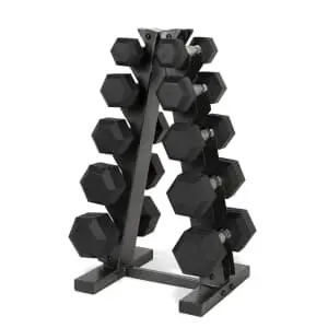 CAP 150-lb. Coated Rubber Hex Dumbbell Weight Set with A-Frame Rack