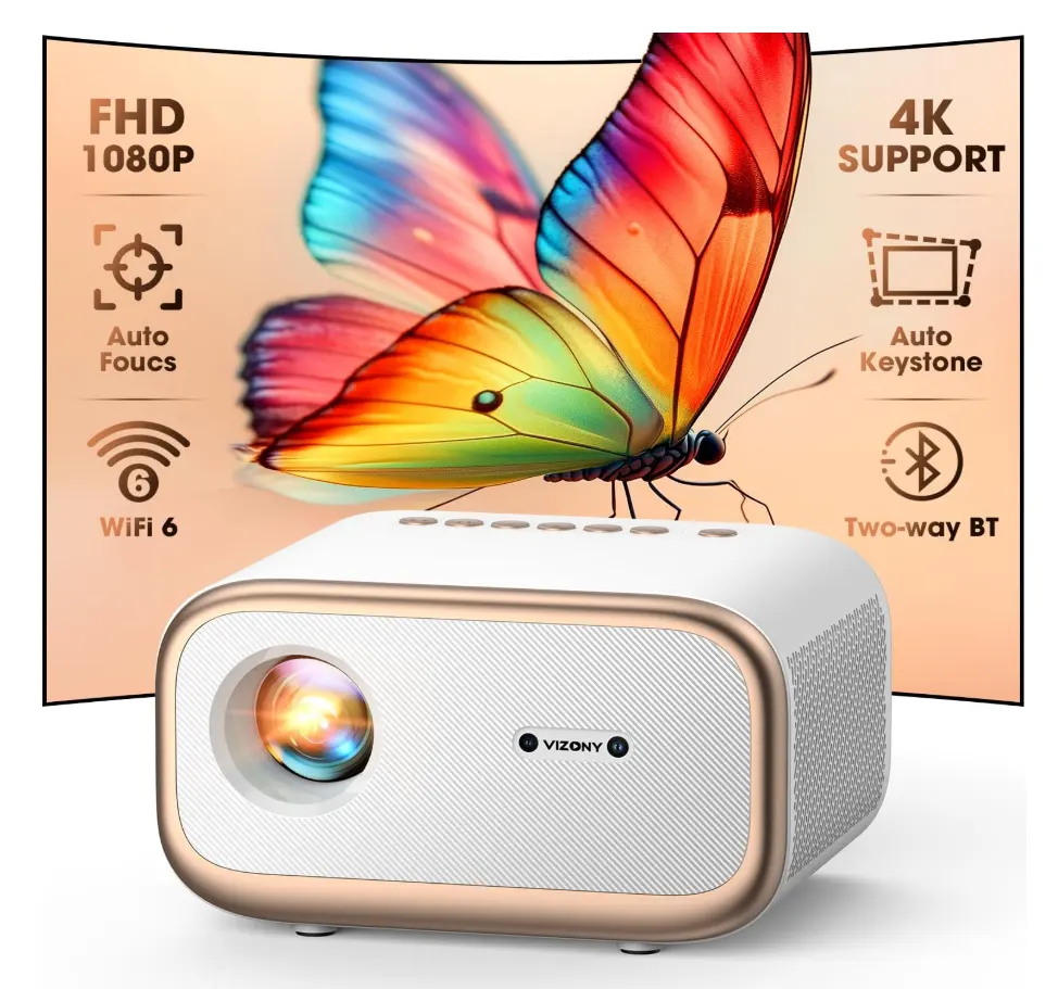 [Auto Focus/Keystone] Mini Projector with WiFi and Two-way Bluetooth, VIZONY Native 1080P Projector 4K Support w/50%Zoom/4P4D, Full Sealed, 450ANSI Portable Home Movie Projector (Gold White)