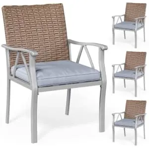 Metal Framed Outdoor Dining Chairs with Wicker Backrest 4-Pack