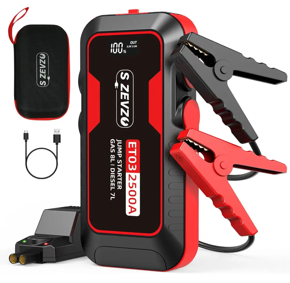 ET03 Car Jump Starter 2500A Jump Starter Battery Pack for Up to 8.0L Gas and 7.0L Diesel Engines, 74Wh Portable 12V Jump Box with USB Ports, LCD Display, Storage Case, and LED Light