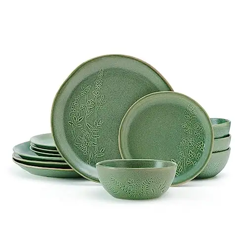 Pfaltzgraff Carrie 花朵陶瓷餐具12件套(4人份),绿色