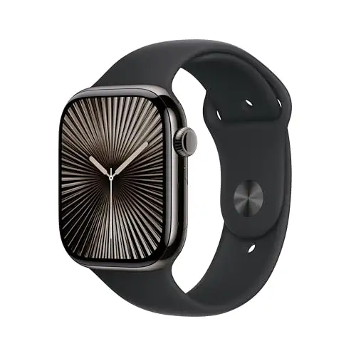 Apple Watch 系列 10 [GPS + 蜂窝 46 毫米外壳] 智能手表带板岩钛合金表壳,黑色运动表带 - M/L 健身追踪器,ECG 应用程序,始终在线视网膜显示屏,防水