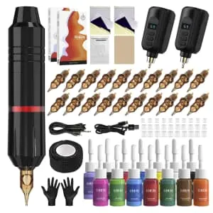 Rhein Wireless Tattoo Machine Kit with Inks and Batteries