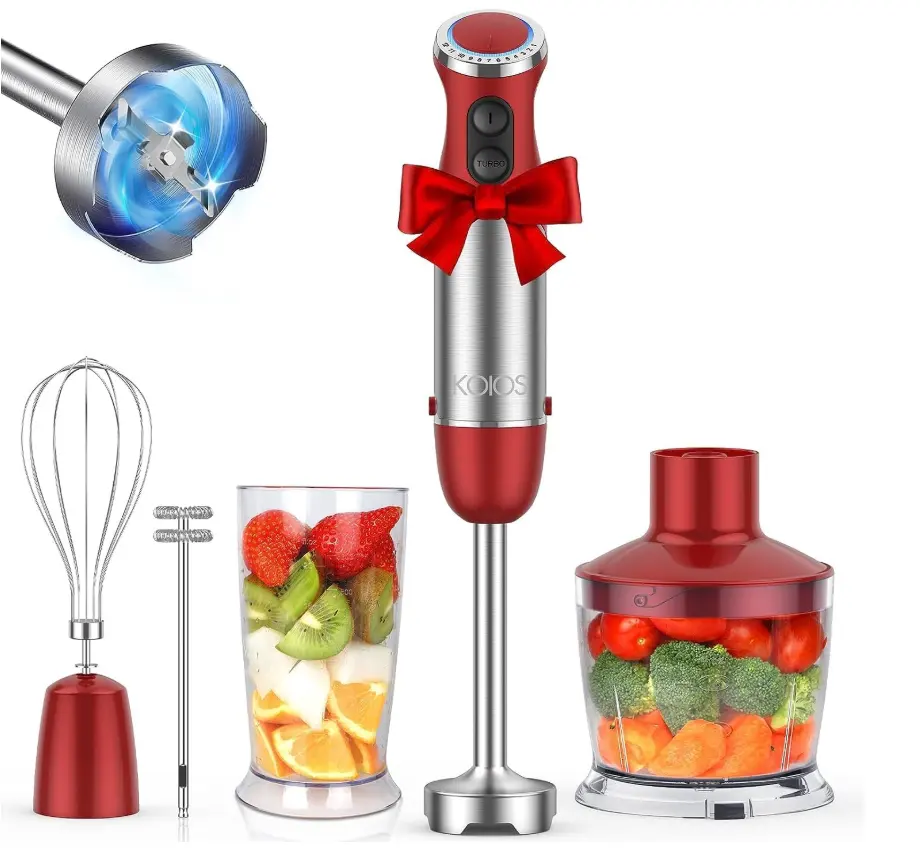 KOIOS 5-in-1 Hand Immersion Blender, 1000W 12 Speed Handheld Blender Stick with Copper Motor Stainless Steel Blade, 600ml Mixing Beaker,500ml Food Processor, Whisk, Milk Frother, Non-BPA, Red