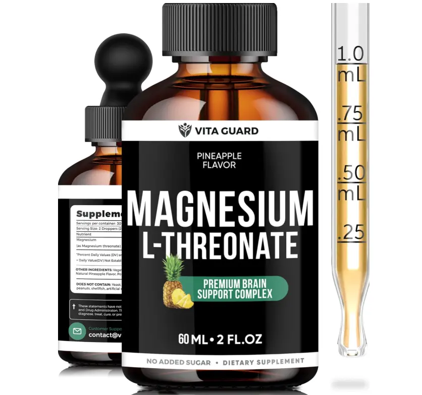 Magnesium L-Threonate Liquid Drops – 500mg High-Absorption Brain Support, Pineapple Flavor, 60ML Vegan, Gluten-Free, Non-GMO