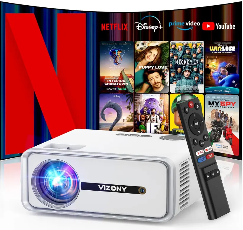 [Netflix Officially/Dolby Audio] Smart Projector with WiFi and Bluetooth, VIZONY Native 1080P Projector with Apps Built in Netflix, Youtube, Hulu, Disney+, Portable Mini Projector for Indoor/Outdoor