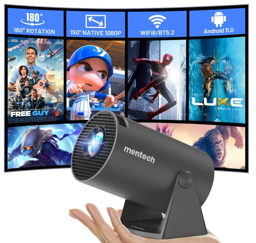 实用好物，白菜价！Mentech迷你投影仪，1080P 支持解码投影4K，180 度可旋转， 150 英寸巨屏，支持WiFi6，带自动梯形校正功能，折上折后仅售 38.49免运费！