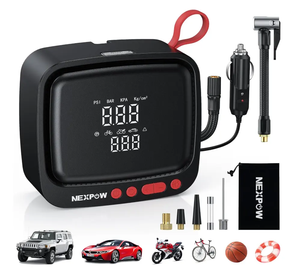 NEXPOW Tire Inflator Portable Air Compressor 150PSI 12V DC Air Pump with Dual Digital Pressure Gauge & Auto Shut-Off, Air Compressor Portable with LED Light for Car, Motorcycle, Bicycle, Ball and More