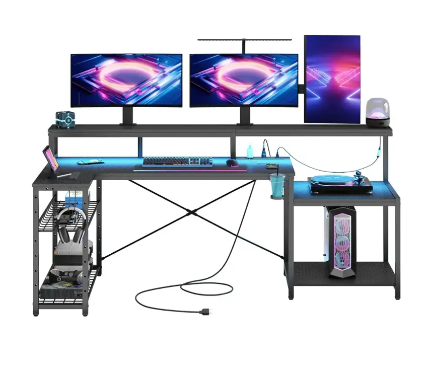 Bestier - L-Shaped Gaming Desk with Power Outlets, LED Lighting and Monitor Stand - Black