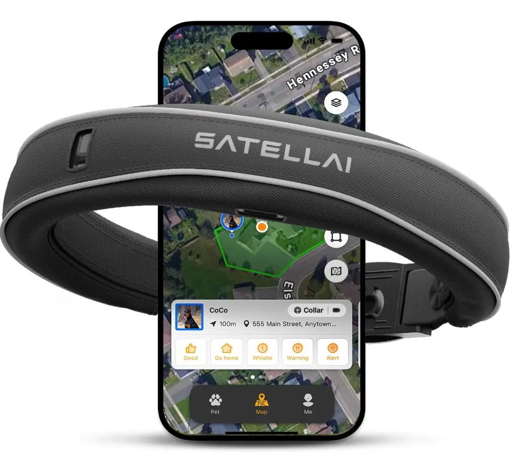 仅限Prime会员！ SATELLAI 无线GPS 狗项圈，全球首款，可设虚拟围栏，配备 AI 分析，可精准定位，5 天续航，IP68 防水，适用于中大型犬，现仅售 $399.99（20% off）免运费！四色同价！