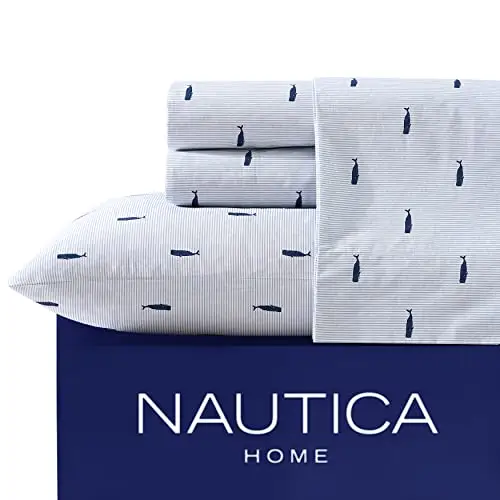 Nautica 鲸鱼条纹蓝色棉质床单套装