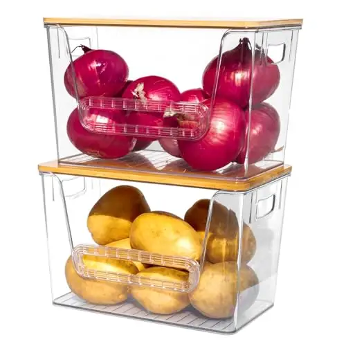 透明前开式收纳盒带手柄,竹顶,2 件