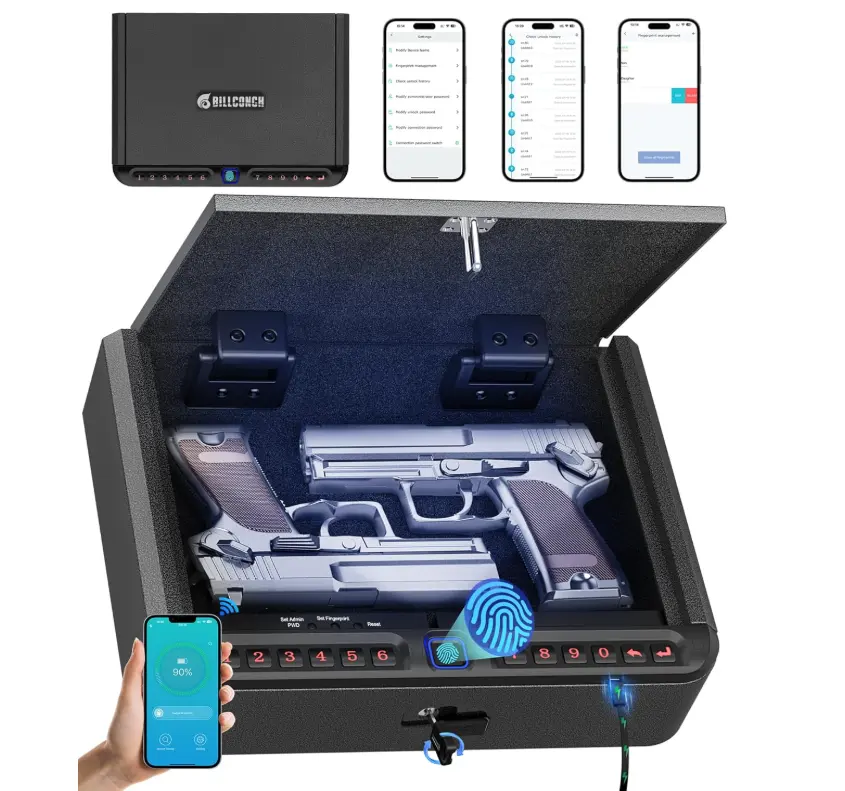 BILLCONCH Gun Safe for Handgun - Biometric Gun Safe 4 Ways Quick Access with Fingerprint/Full-digital Keypad/Key/APP Lock Handgun Pistol Safe for Nightstand Bedside Home