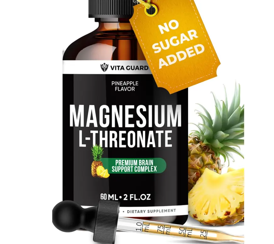 Magnesium L-Threonate Liquid Drops – 500mg High-Absorption Brain Support, Pineapple Flavor, 60ML Vegan, Gluten-Free, Non-GMO