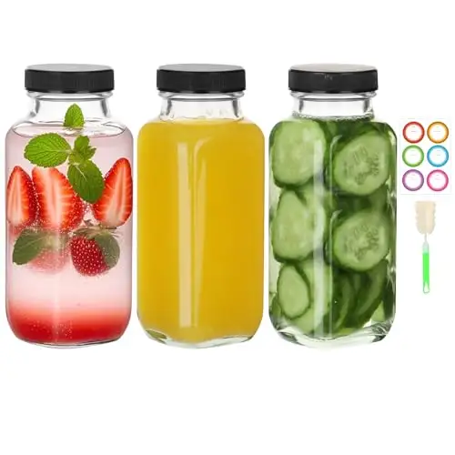 BIGIVACA 8 盎司(约 226.8 克)带盖玻璃果汁瓶,3 瓶装榨汁,方形饮料罐玻璃,适用于旅行、工作、学校
