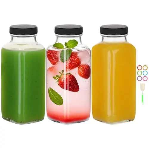 BIGIVACA 12 盎司(约 340.2 毫升)带盖玻璃果汁瓶,3 瓶装榨汁,方形饮料罐玻璃,适用于旅行、工作、学校