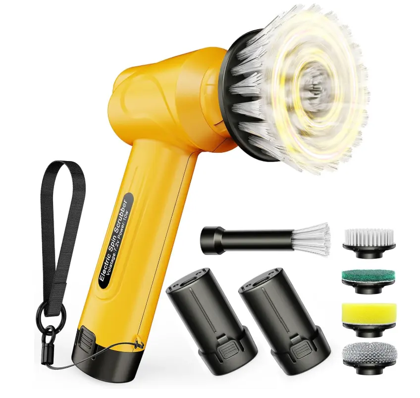 qimedo 5000mAh Battery Electric Spin Scrubber Q4, Handheld Scrubber for Cleaning with Display, Power Dish Scrubber with 5 Heads, Shower Cordless Cleaning Brush for Bathroom/Sink/Window