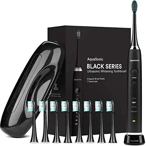 AquaSonic Black Series Ultra Whitening Toothbrush - 8 DuPont Brush Heads & Travel Case Included - Ultra Sonic 40,000 VPM Motor & Wireless Charging - 4 Modes w Smart Timer , Only $26.95