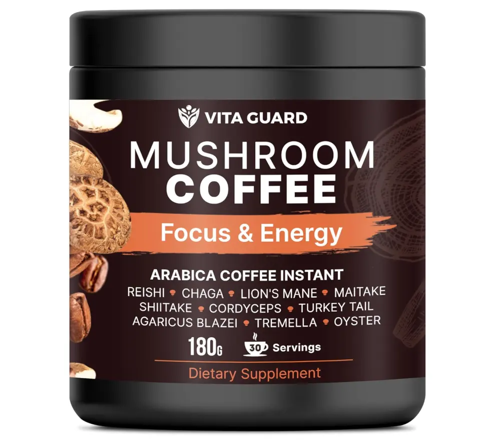 Vita Guard 10 Mushroom Coffee Instant Blend – Lion’s Mane, Cordyceps & Reishi – Premium Arabica with Coconut Powder – Focus, Energy & Immune Support | Cafe de Hongos – Rich & Smooth Adaptogenic C