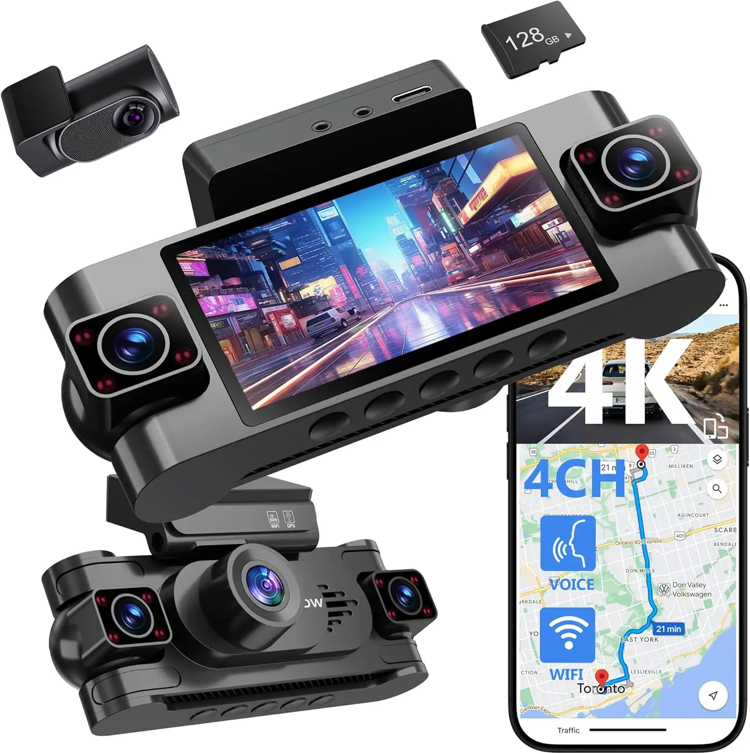 4 通道4K 前后行车记录仪 360° 视图