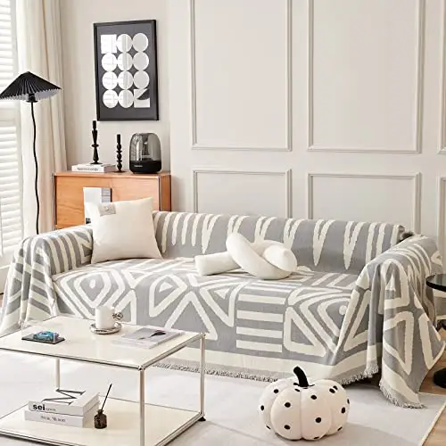 DREAMINGO 灰色波西米亚沙发套雪尼尔沙发套 2 个靠垫 沙发 宠物友好 双面 沙发套 适用于狗 可水洗几何提花客厅双人沙发套 180.34 厘米 x 299.72 厘米