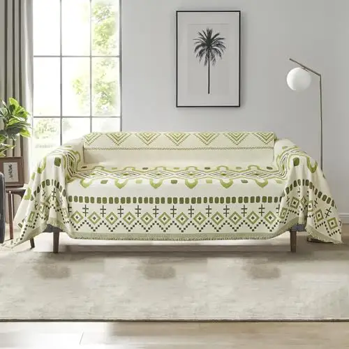 DREAMINGO 绿色几何沙发套双面雪尼尔沙发套毛毯波西米亚沙发套适用于 3 个靠垫沙发可水洗米色沙发套适用于狗分区 3 个座位沙发沙发套,71