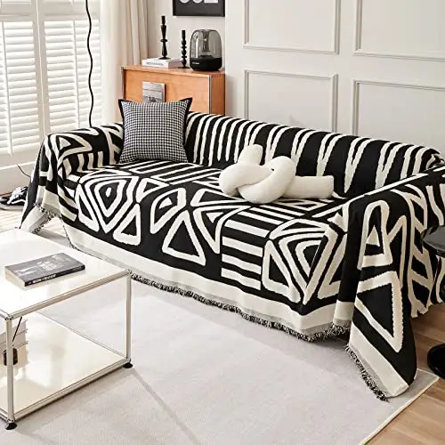 DREAMINGO 米色黑色沙发套 71x150 英寸波西米亚雪尼尔沙发套可水洗双面提花流苏沙发沙发套适用于分段 L 形客厅儿童宠物家具保护套