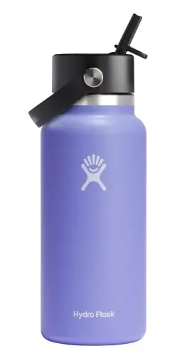 Hydro Flask 32 盎司(约 947.2 毫升)宽柔性吸管盖瓶 – 绝缘不锈钢 – 宽吸管盖,防溢,Lupine 防漏