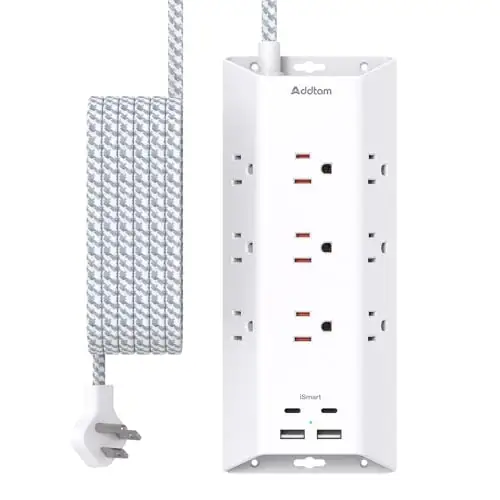 浪涌保护器电源板 10 英尺(约 3 米),Addtam 扁平插头延长线,带 4 个 USB 壁式充电器(2 个 USB C 端口),9 个宽插座桌面充电站,家庭办公室和大学宿舍必备