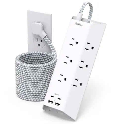 浪涌保护器电源板 15 英尺(约 4.6 米),Addtam 扁平插头延长线,带 4 个 USB 壁式充电器(2 个 USB C 端口),9 个宽插座桌面充电站,家庭办公室和大学宿舍必备