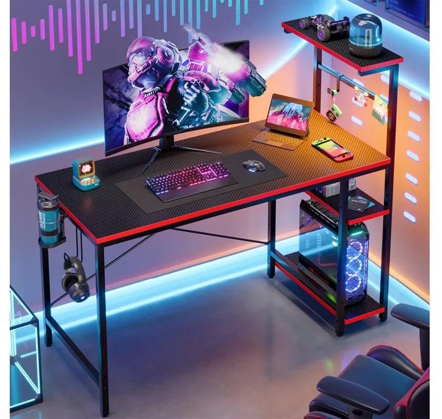 实用好物，白菜价！Bestier 44 英寸游戏桌，带 RGB LED 氛围灯，带灵活可左右安装的四层储物架，配挂钩、杯架和可爱的磁铁贴，现58% off仅售$79.99！