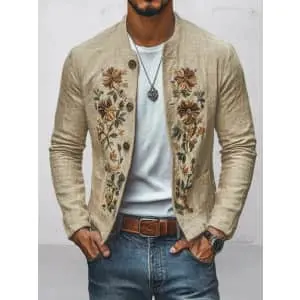 Floral Embroidered Cotton Linen Shirt Jacket