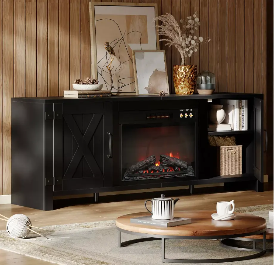 客厅档次立升！Bestier 63" 现代壁炉电视柜，可容纳达 70 英寸的电视，经典谷仓门风格，内置储物架，仅售 $259.99！