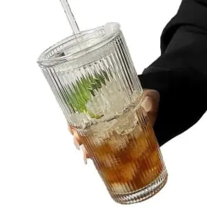Vertical Striped Glass Cup w/ Straw