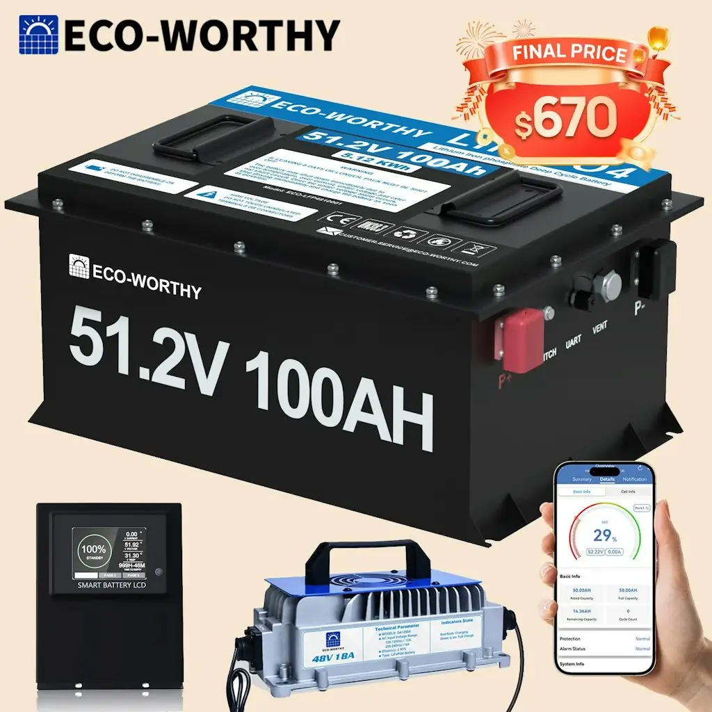 Eco-Worthy 48V 100Ah Golf Cart LiFePO4 Battery with Metal Case and 48V 18A Charger