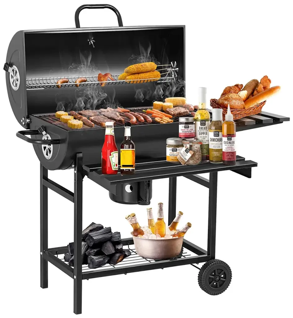 Orfeld Portable Charcoal BBQ Grill w/ 2 Foldable Side Tables