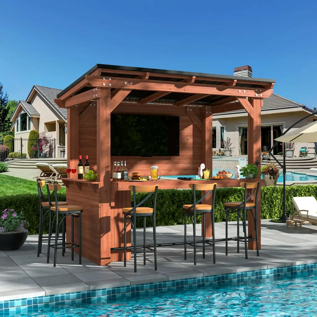 Veikous 8.5 x 6-Foot Outdoor Bar Gazebo w/ TV Mount & Hardtop Roof