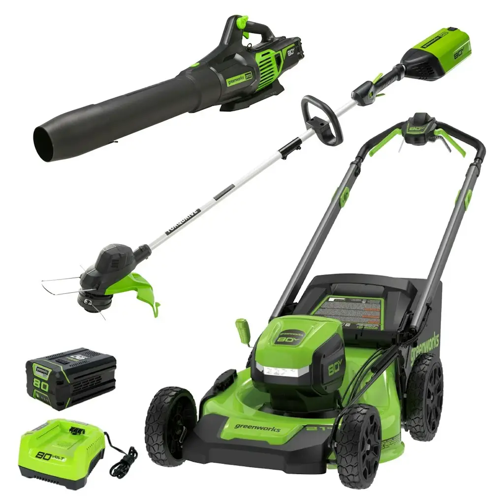 Greenworks PRO 80V Cordless String Trimmer, Leaf Blower & Lawn Mower Combo Kit w/ 4Ah Battery
